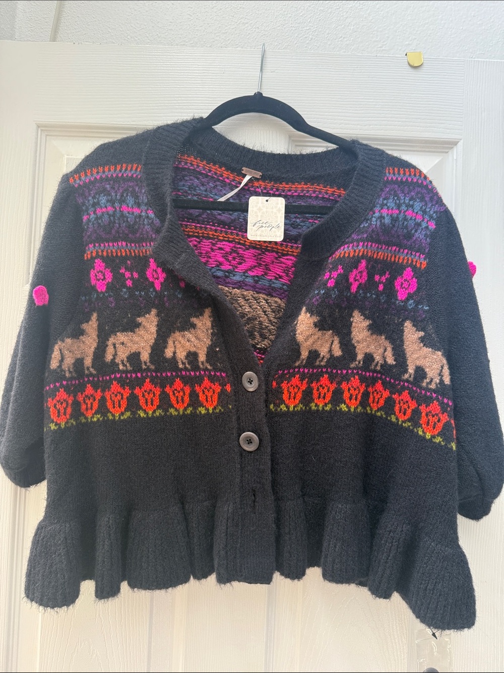 Free People Black Cardigan with Pink, Orange & Tan Fair Isle Motif